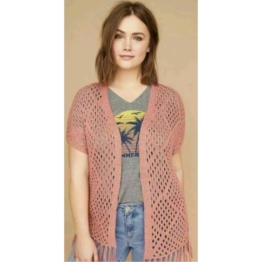 Lane Bryant Cardigan Sz 22/24 Open Crochet Knit Fringed Dusty Pink Sleeveless